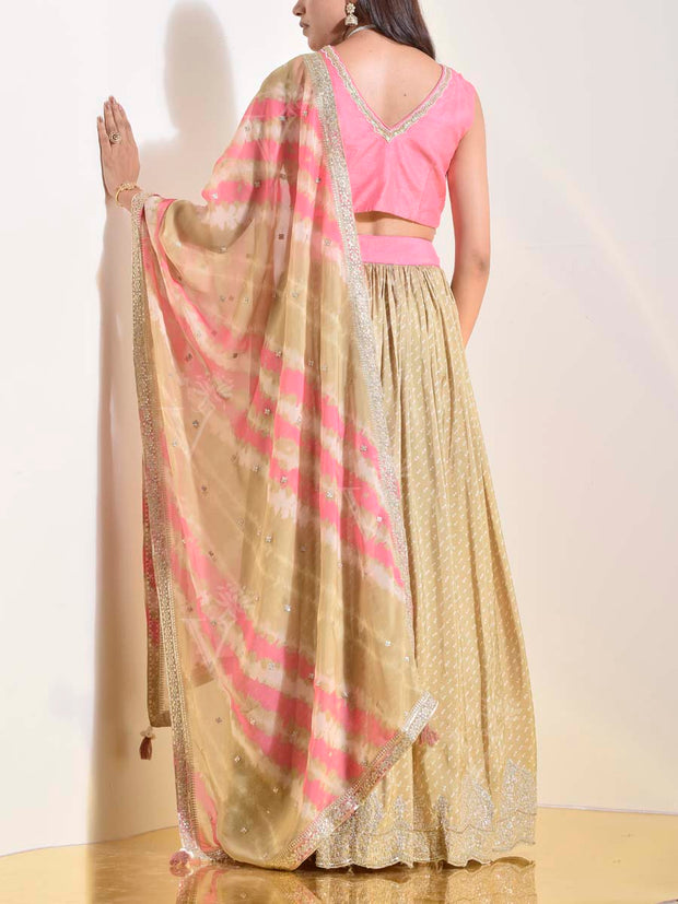 Beige and Pink Silk Lehenga Set