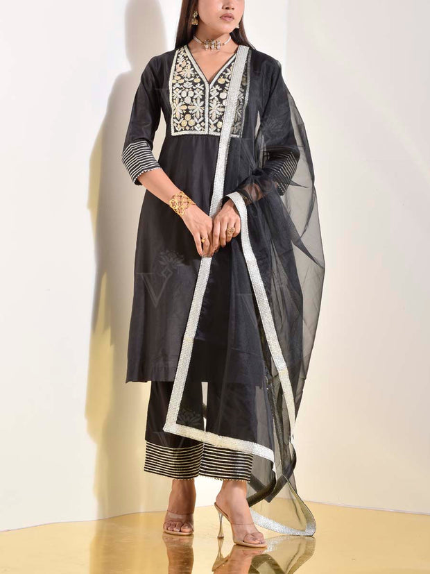 Black Cotton Silk Suit Set