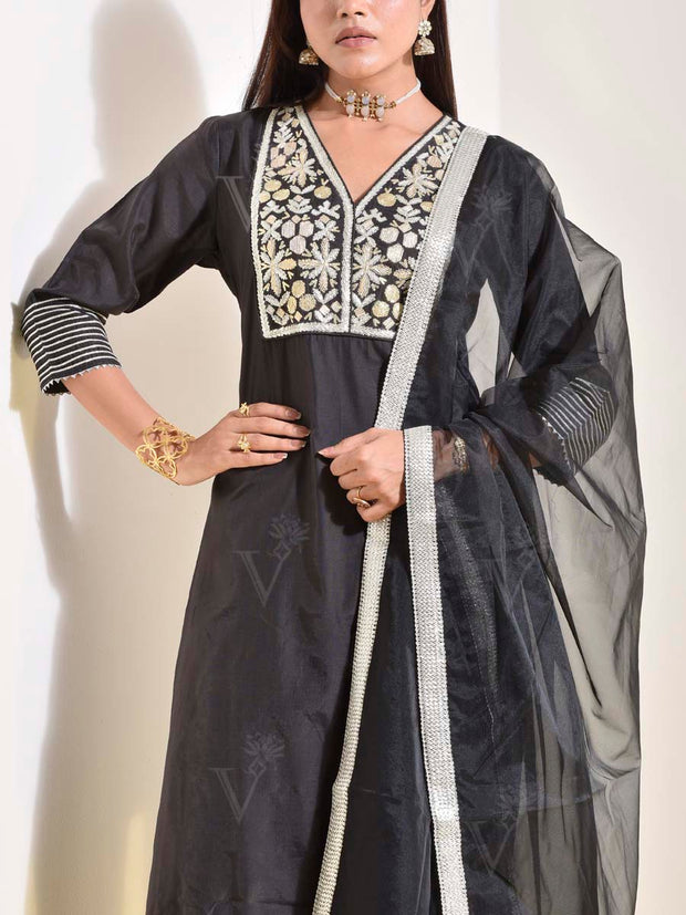 Black Cotton Silk Suit Set