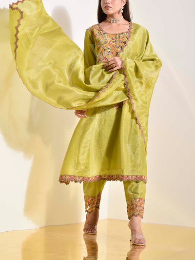 Green Tusser Embroidered Suit Set