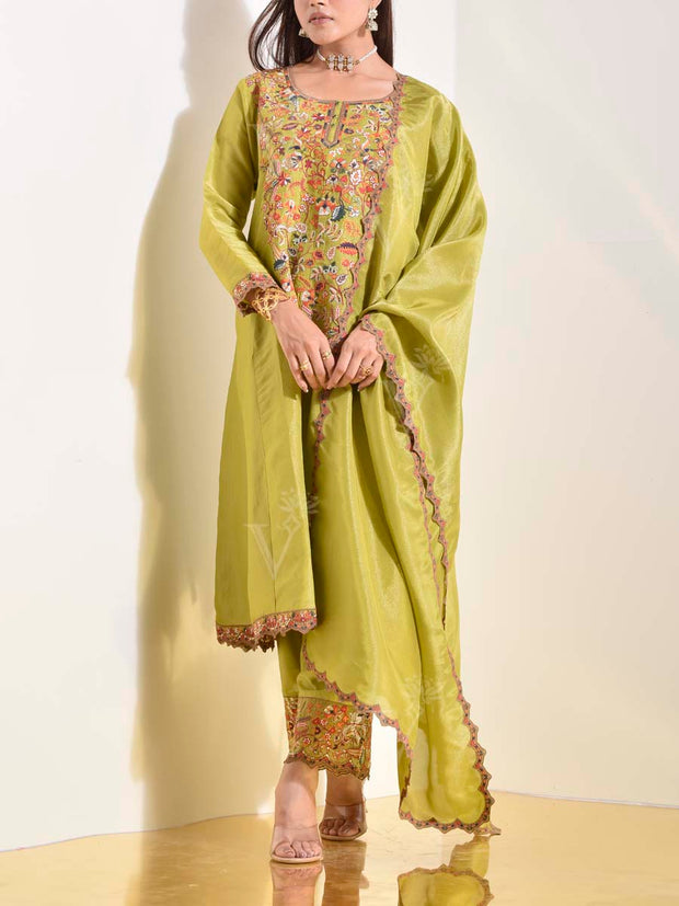 Green Tusser Embroidered Suit Set