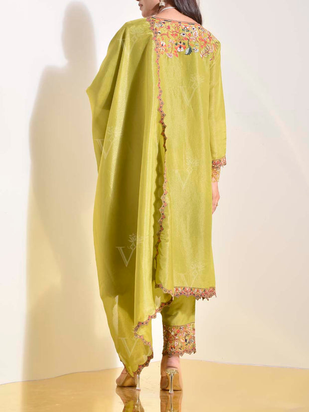 Green Tusser Embroidered Suit Set