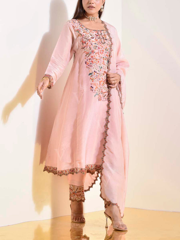 Pink Tusser Embroidered Suit Set