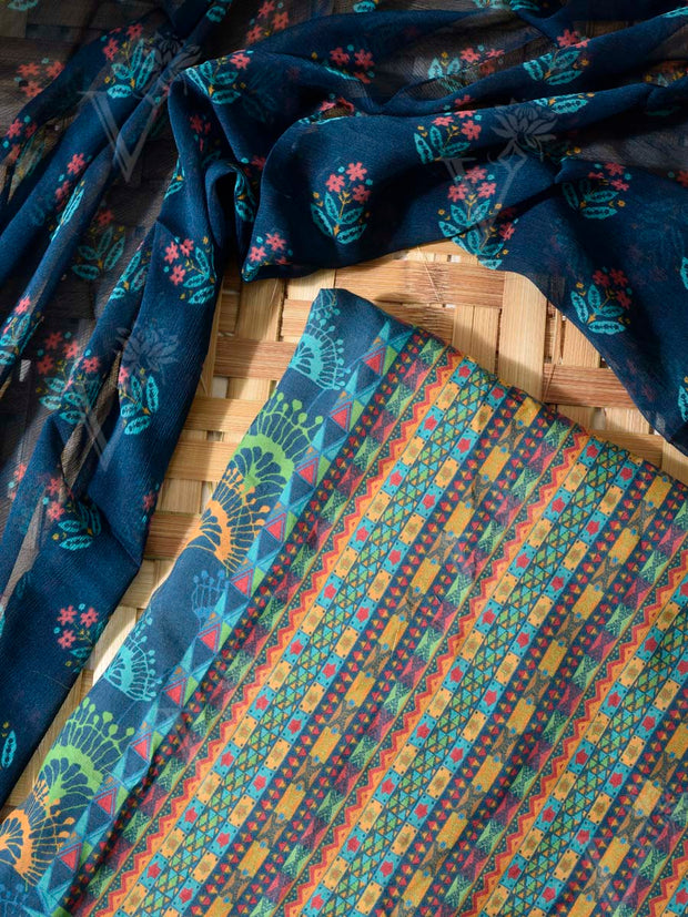Blue Cotton Silk Dress Material