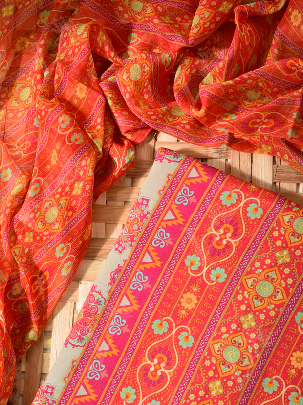 Orange and Light Grey Cotton Silk Dress Material