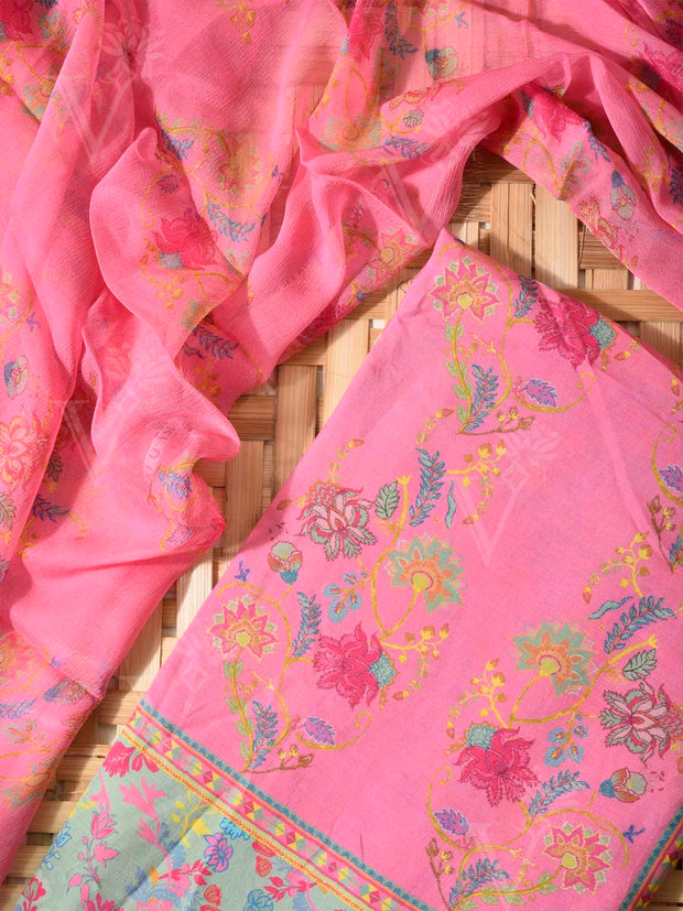Pink and Green Cotton Silk Dress Material