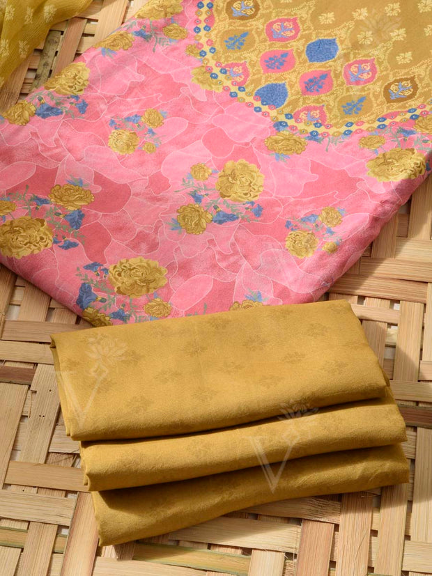 Green and Pink Cotton Silk Dress Material