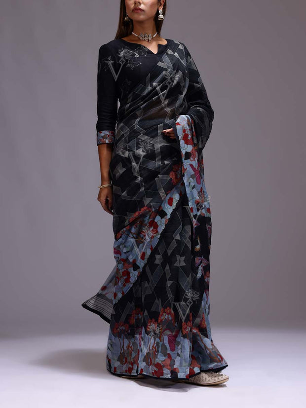 Black Chanderi Printed Saree