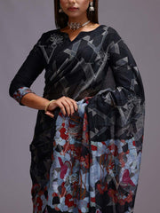 Black Chanderi Printed Saree