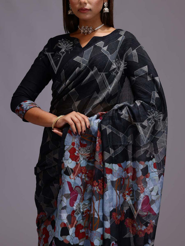 Black Chanderi Printed Saree