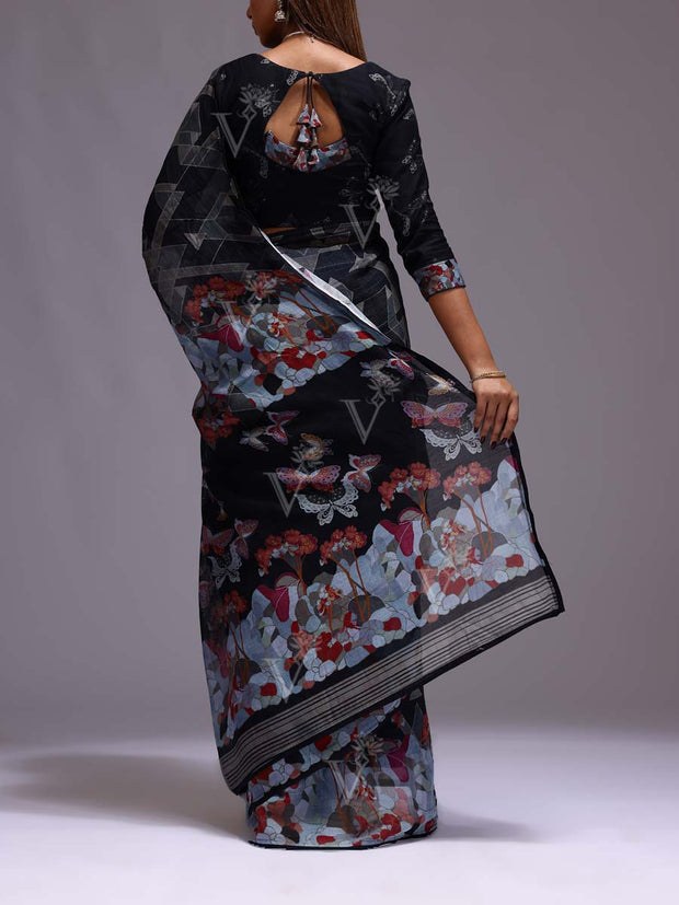 Black Chanderi Printed Saree