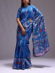 Blue Chanderi Printed Saree