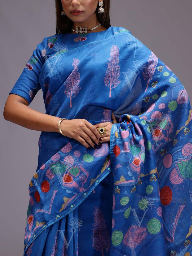 Blue Chanderi Printed Saree