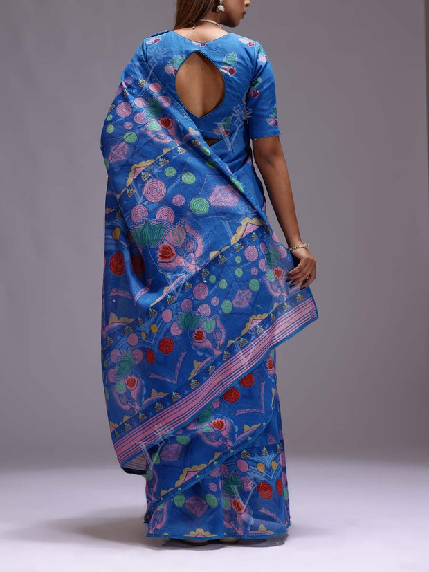 Blue Chanderi Printed Saree