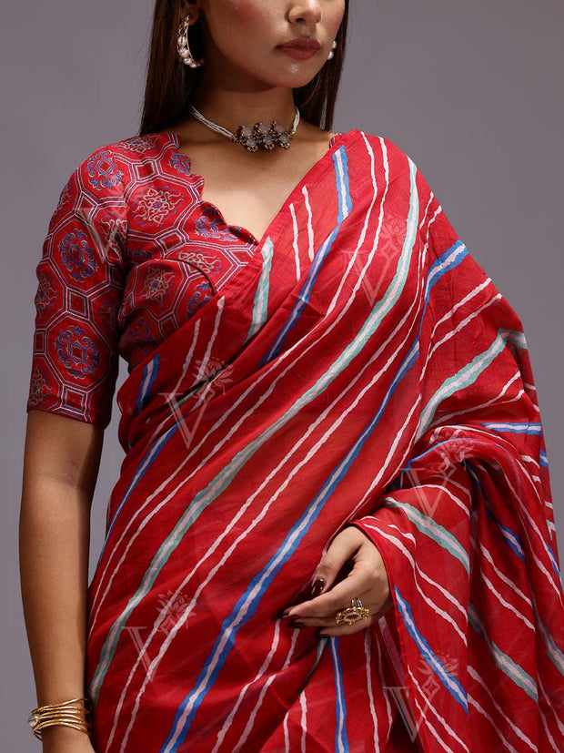 Red Leheriya Chanderi Printed Saree