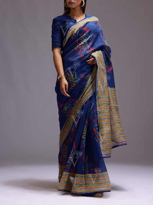 Blue Chanderi Printed Saree