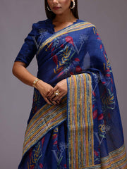 Blue Chanderi Printed Saree