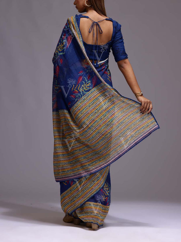 Blue Chanderi Printed Saree