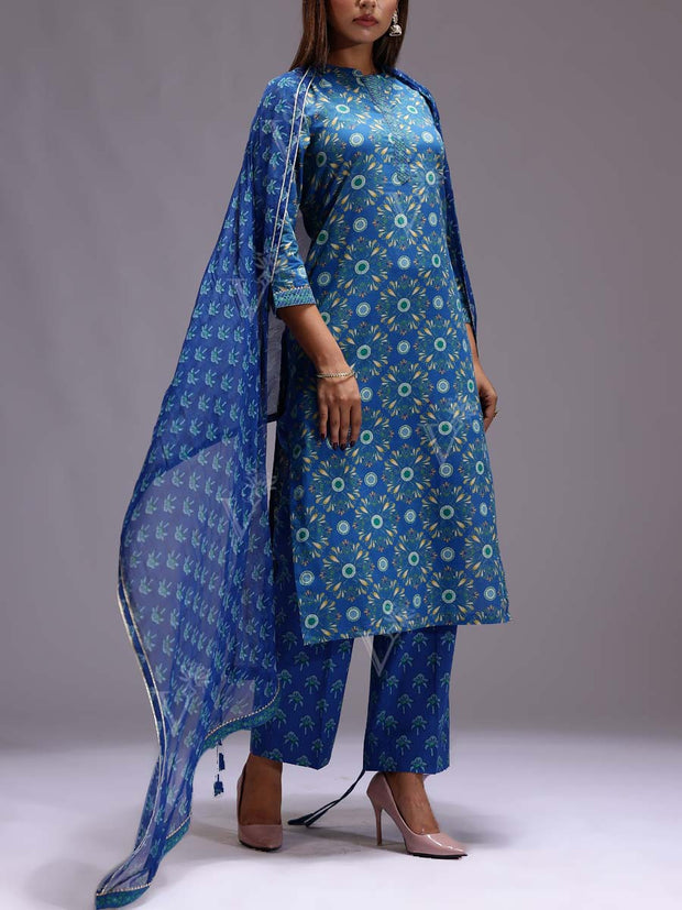 Blue Cotton Printed Suit Set