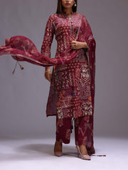 Wine Cotton Printed Suit Set