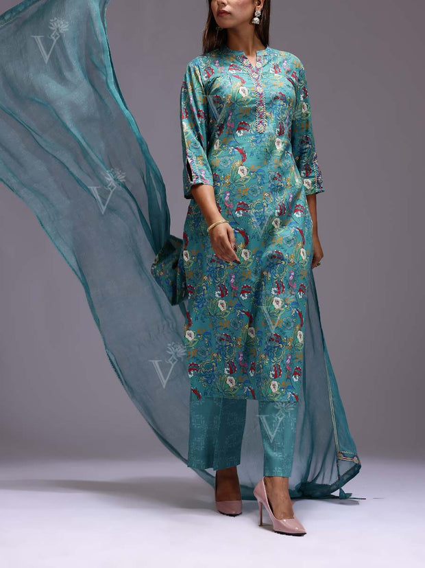 Blue Green Cotton Printed Suit Set