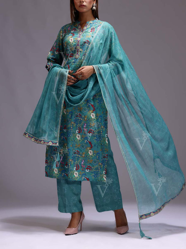 Blue Green Cotton Printed Suit Set