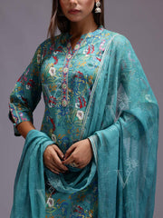 Blue Green Cotton Printed Suit Set