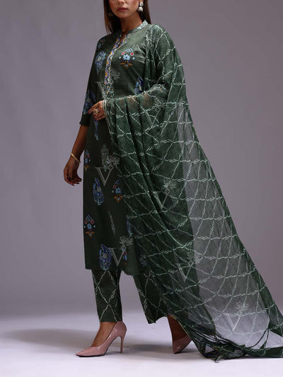 Dark Green Cotton Printed Suit Set