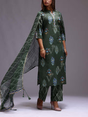 Dark Green Cotton Printed Suit Set