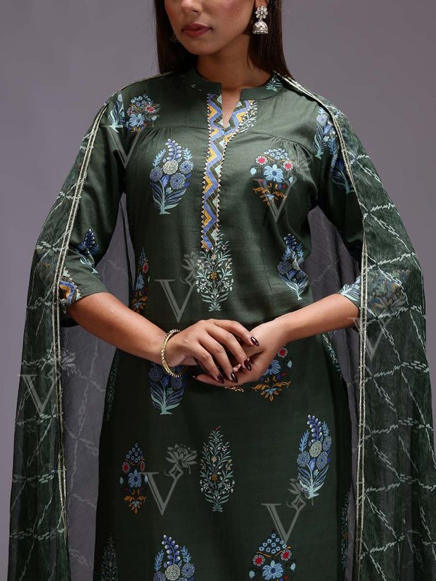 Dark Green Cotton Printed Suit Set