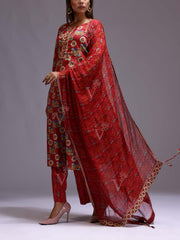 Red Cotton Printed Suit Set