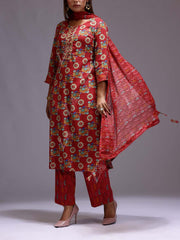 Red Cotton Printed Suit Set