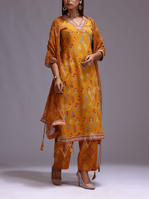 Yellow Cotton Printed Suit Set