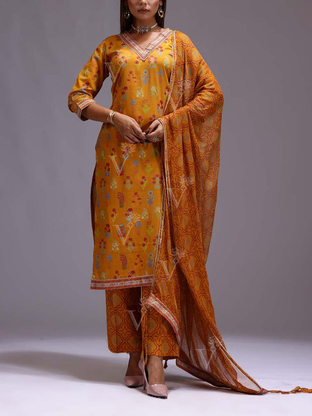 U2, MTO, DD28, Yellow ,  Chanderi, Printed,  Suit Set