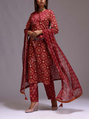 Red Cotton Printed Suit Set