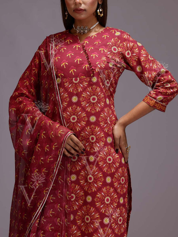 Red Cotton Printed Suit Set