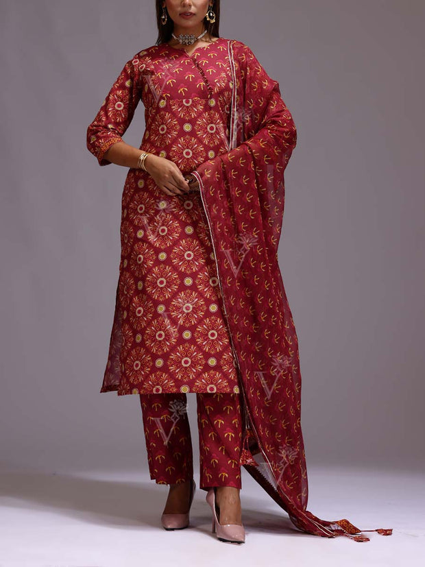 U2, MTO, DD28, Red, Chanderi, Printed,  Suit Set, karwa24