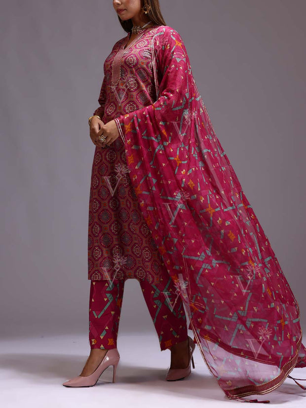 Pink Cotton Printed Suit Set