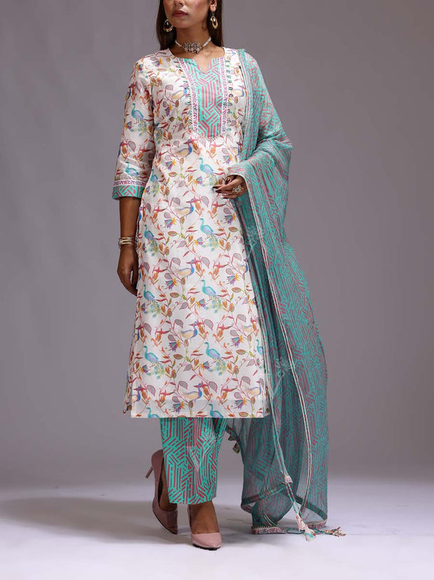 White and Green Chanderi Printed Suit Set