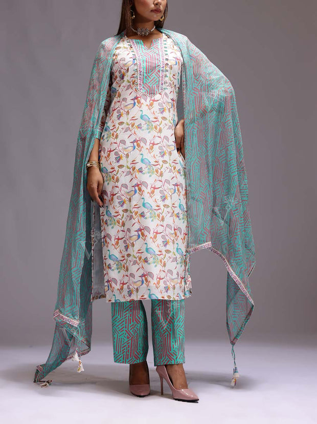 White and Green Chanderi Printed Suit Set