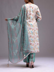 White and Green Chanderi Printed Suit Set