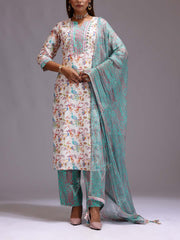 U2, MTO, DD28, White , Green , Chanderi, Printed, Suit Set