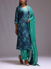 Blue and Green Chanderi Printed Suit Set