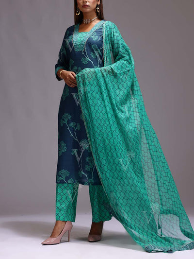 Blue and Green Chanderi Printed Suit Set