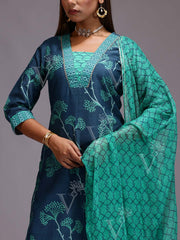 Blue and Green Chanderi Printed Suit Set