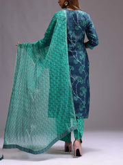 Blue and Green Chanderi Printed Suit Set