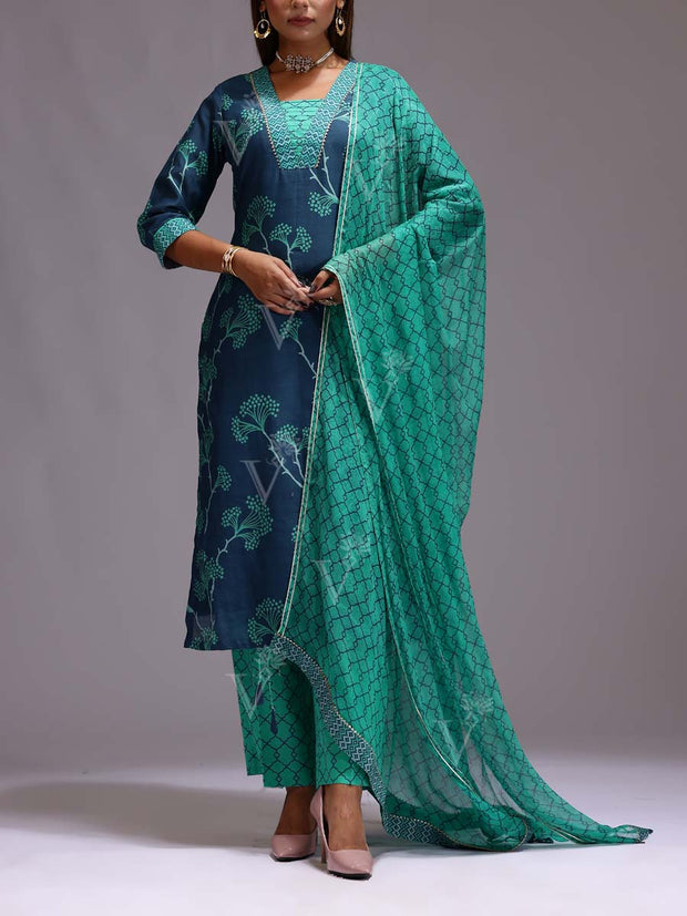 U2, MTO, DD28, Blue , Green , Chanderi, Printed, Suit Set