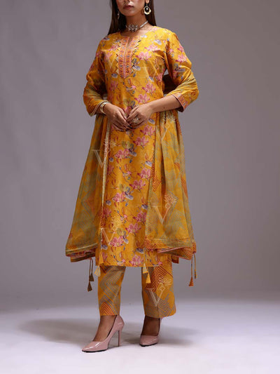 Yellow Chanderi Printed Suit Set