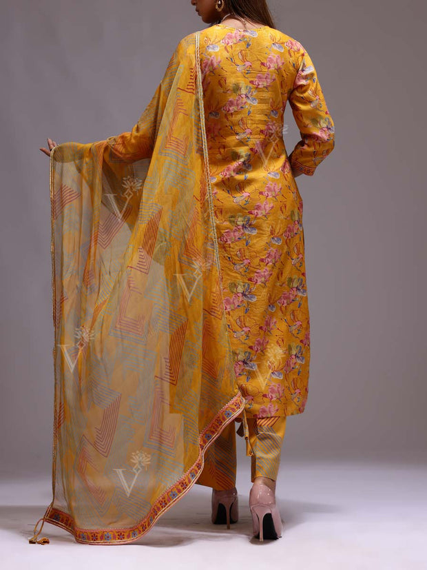 Yellow Chanderi Printed Suit Set