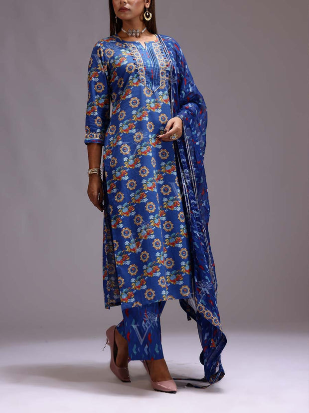 Blue Cotton Printed Suit Set